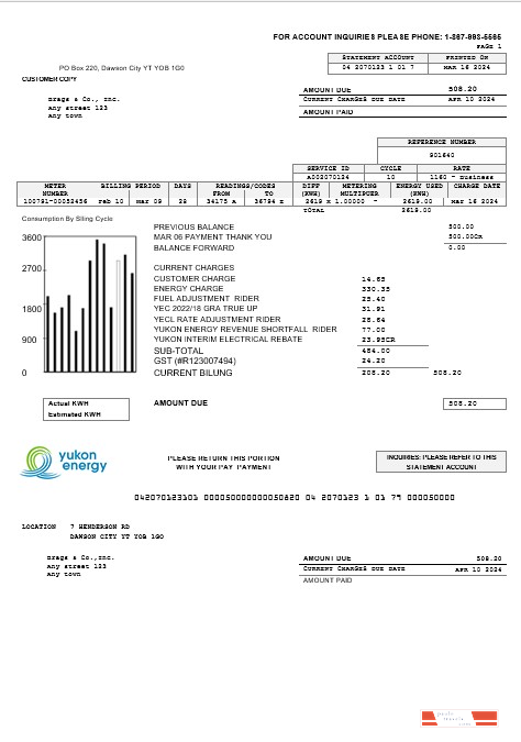 Canada Yukon Energy business utility bill template in Word and PDF formats